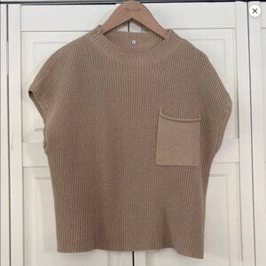 Tan Knit Sleeveless Sweater with front pocket